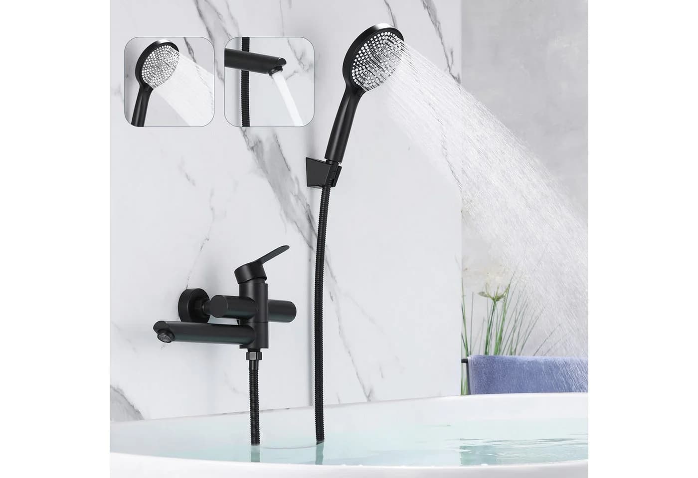 ZMH Duschsystem Wannenarmatur mit Handbrause, 3 Funktionen, Schwarz - Bild 2