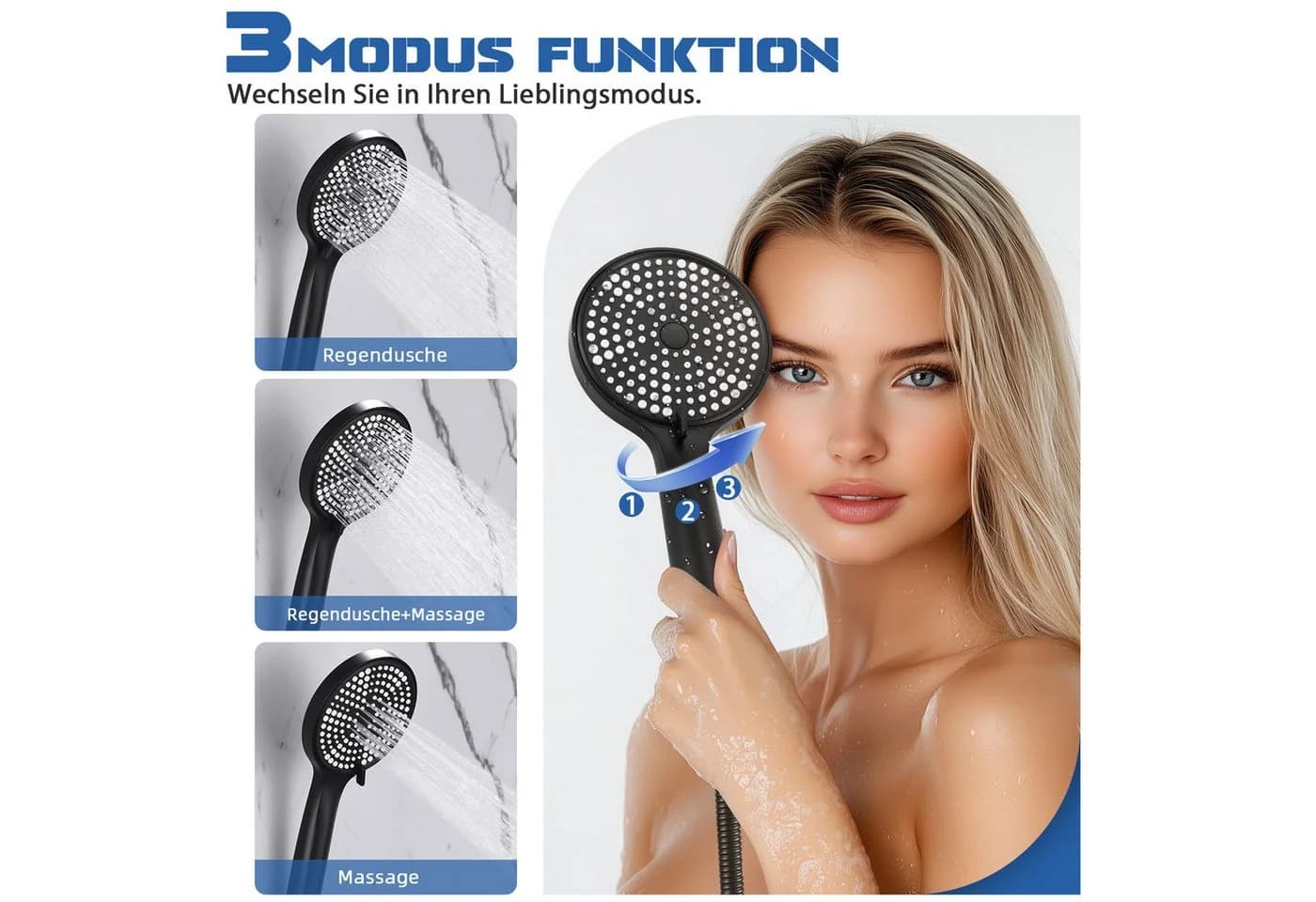 ZMH Duschsystem Wannenarmatur mit Handbrause, 3 Funktionen, Schwarz - Bild 3