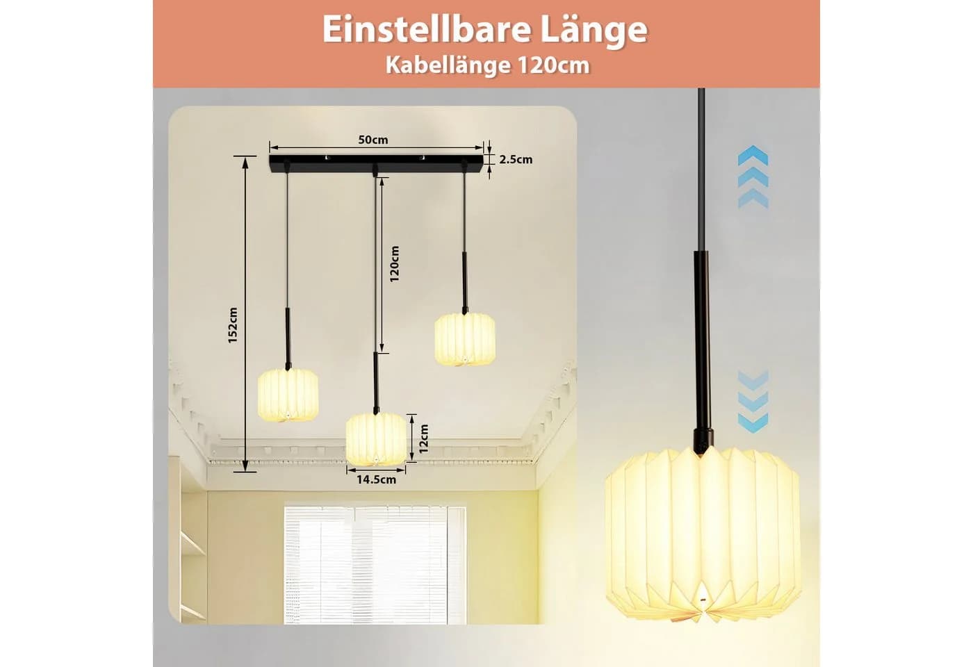 ZMH Pendelleuchte Vintage mit Papier-Lampenschirm & Metallsockel