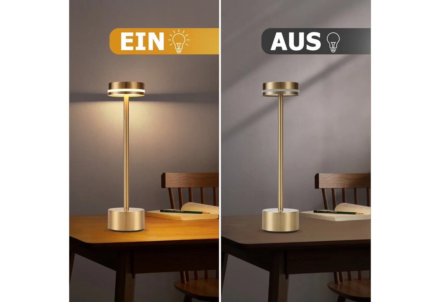 ZMH Tischleuchte Kabellos LED Nachttischlampe Akku Dimmbar Gold - Bild 5
