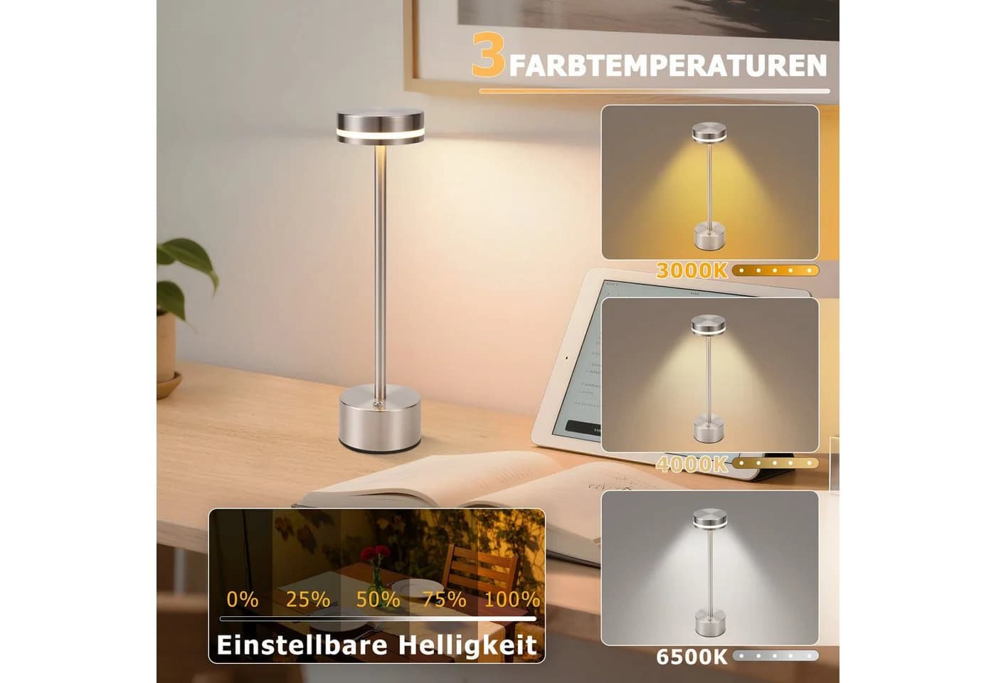 ZMH Tischleuchte Kabellos LED Nachttischlampe Akku Dimmbar Silber