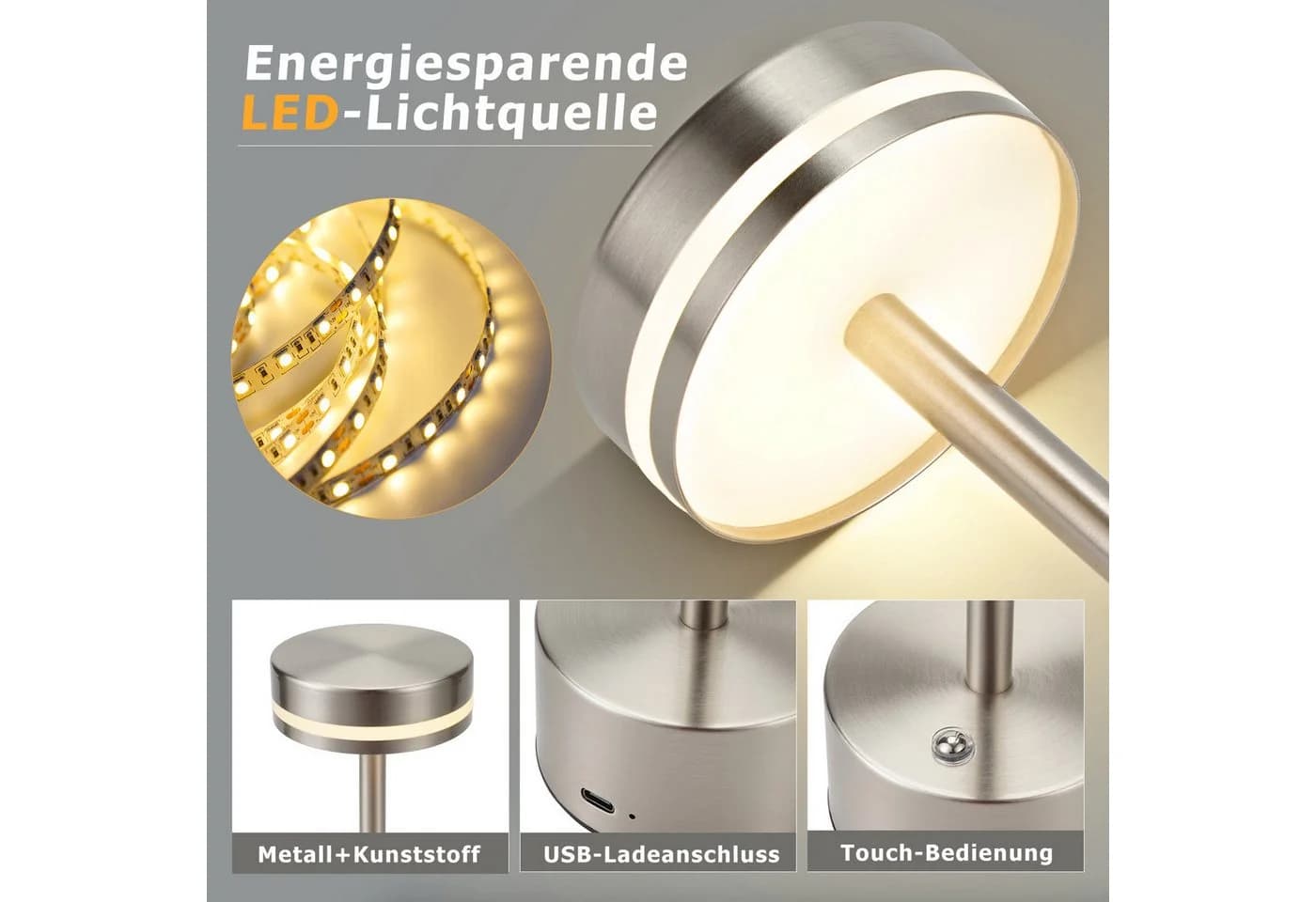 ZMH Tischleuchte Kabellos LED Nachttischlampe Akku Dimmbar Silber - Bild 3