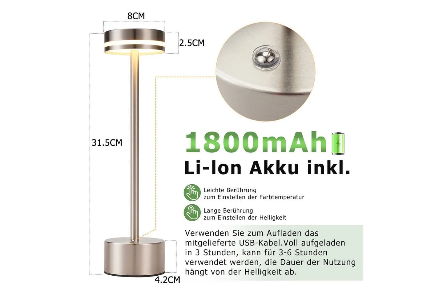 ZMH Tischleuchte Kabellos LED Nachttischlampe Akku Dimmbar Silber - Bild 4