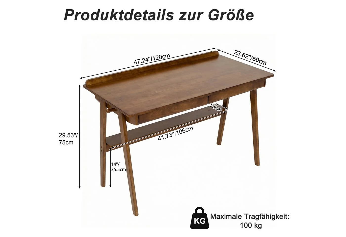 kowdom Schreibtisch Mid-Century Massivholz Walnuss 2 Schubladen