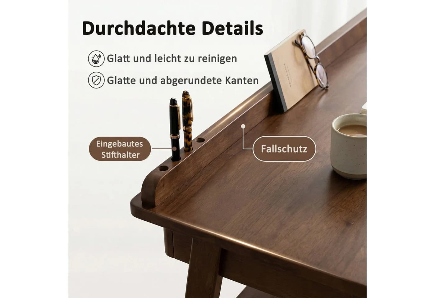 kowdom Schreibtisch Mid-Century Massivholz Walnuss 2 Schubladen - Bild 3