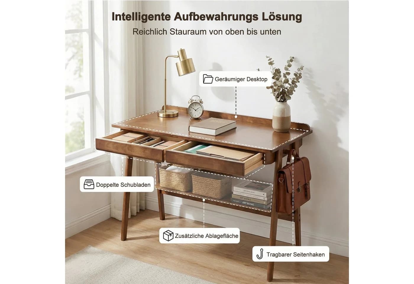 kowdom Schreibtisch Mid-Century Massivholz Walnuss 2 Schubladen - Bild 4