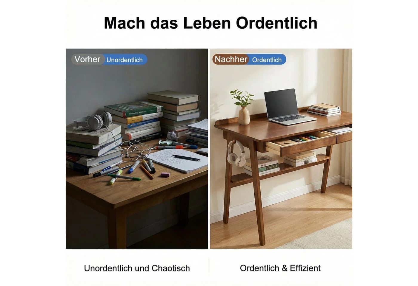 kowdom Schreibtisch Mid-Century Massivholz Walnuss 2 Schubladen - Bild 5