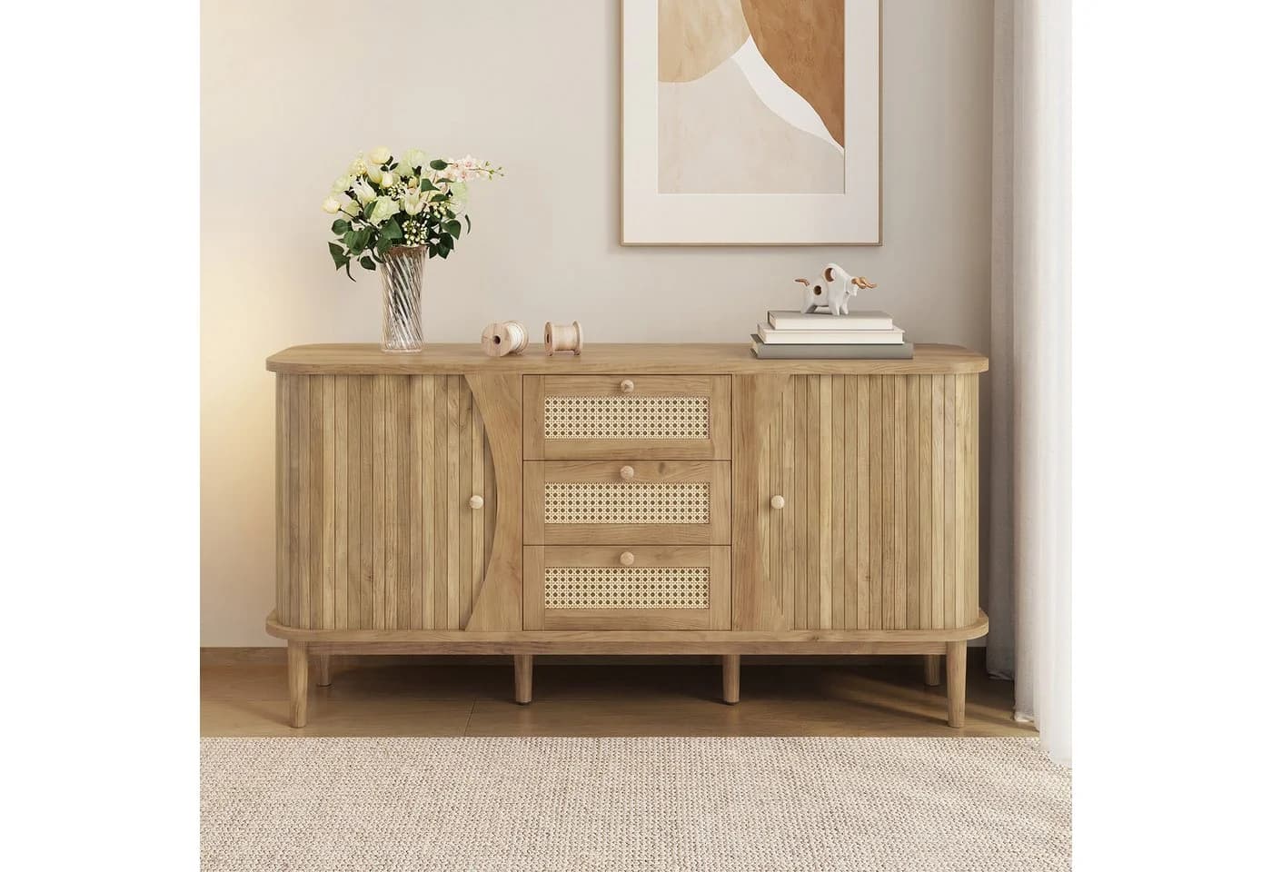 kowdom Sideboard Rattan 140 cm Walnussholz-Optik Massivholzbeine - Bild 3
