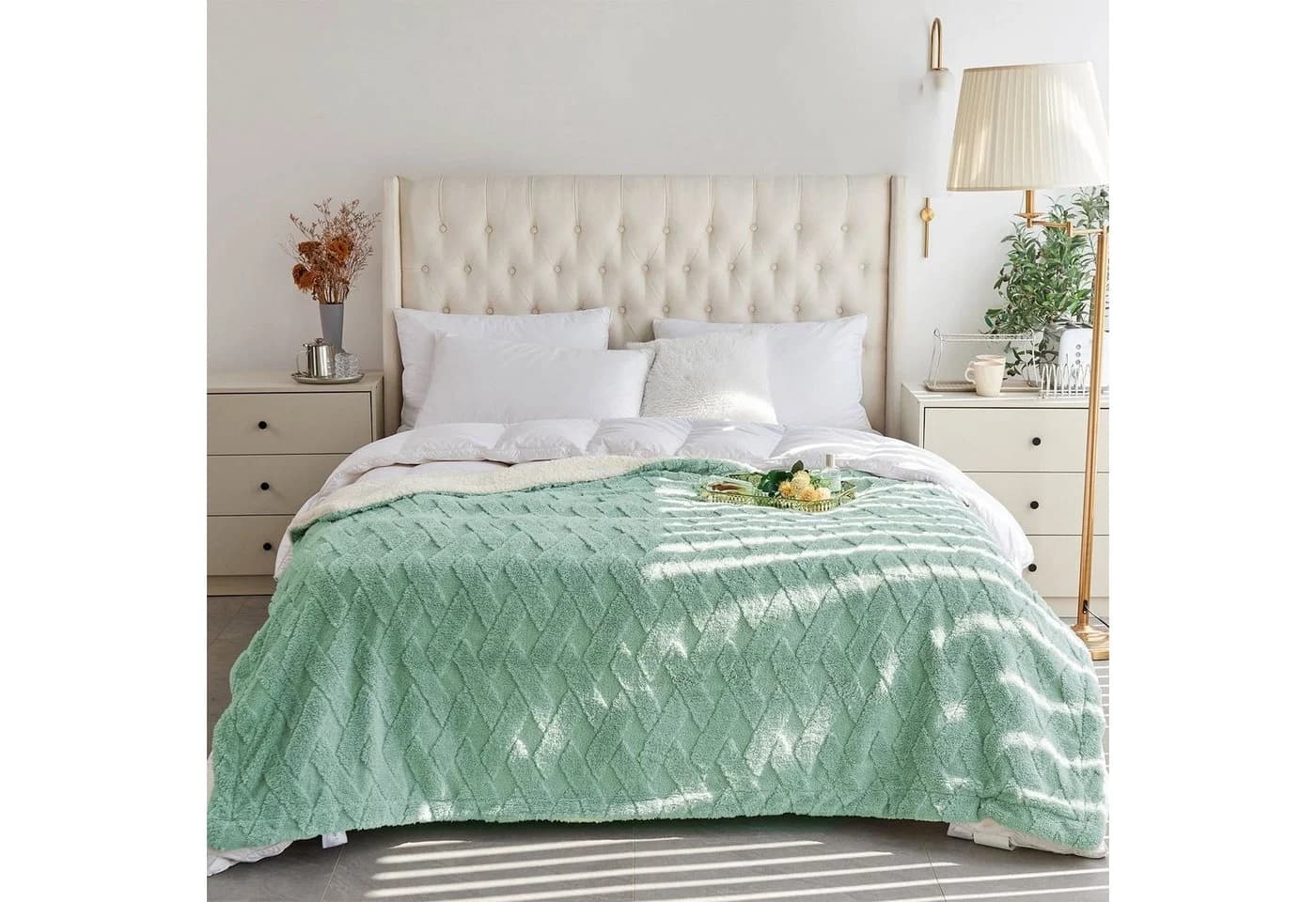 KEAYOO Wohndecke OMT09 Kuscheldecke Grün Fleece Sherpa