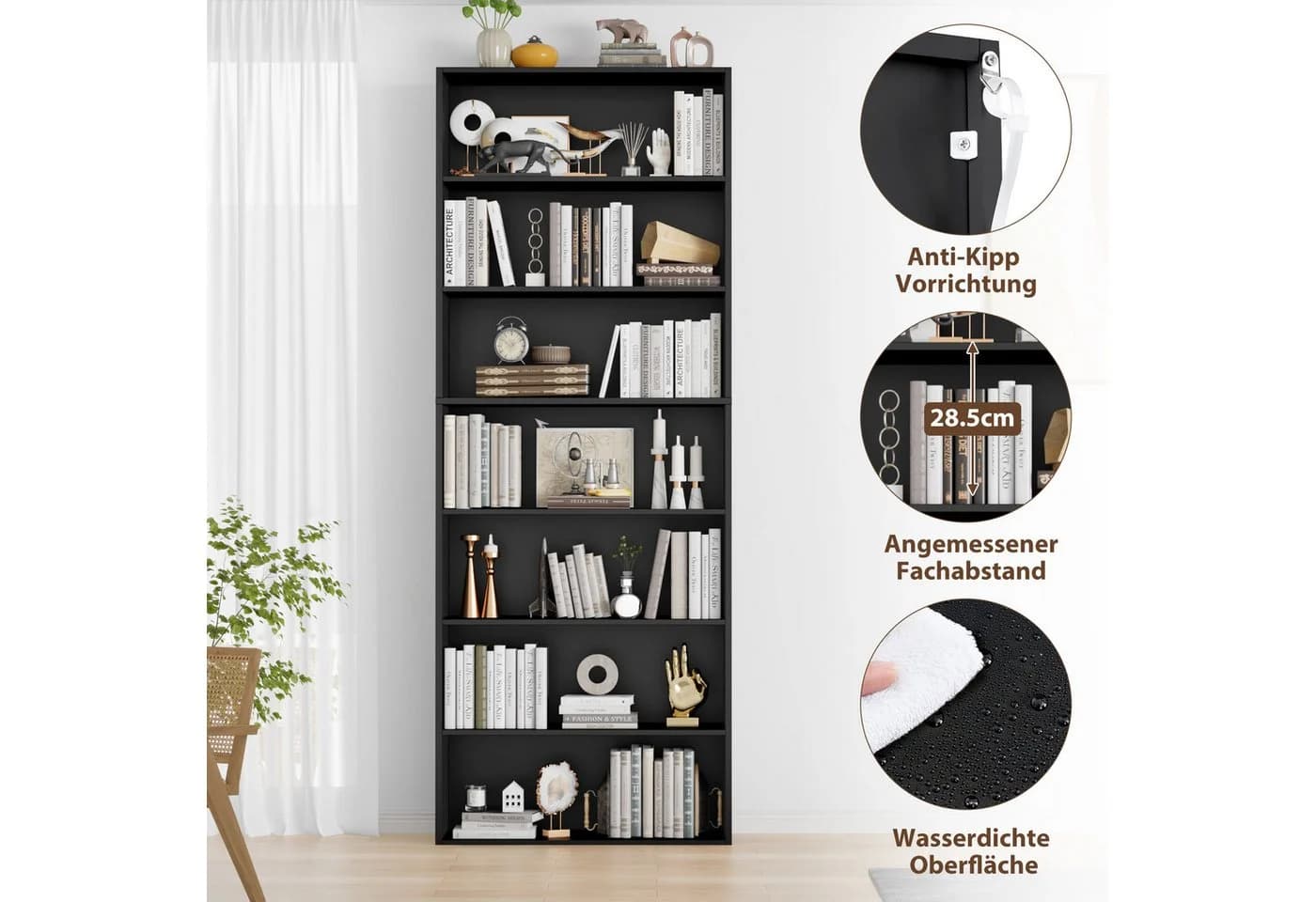 Homfa Bücherregal 210cm Standregal Bücherschrank 7 Fächer schwarz - Bild 4