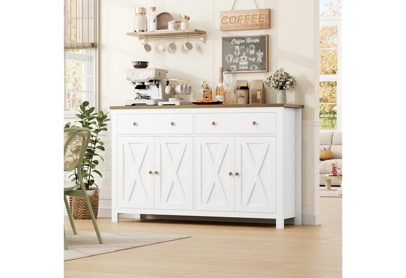 Homfa Sideboard 140cm Küchenschrank 2 Schubladen 4 Türen Weiß
