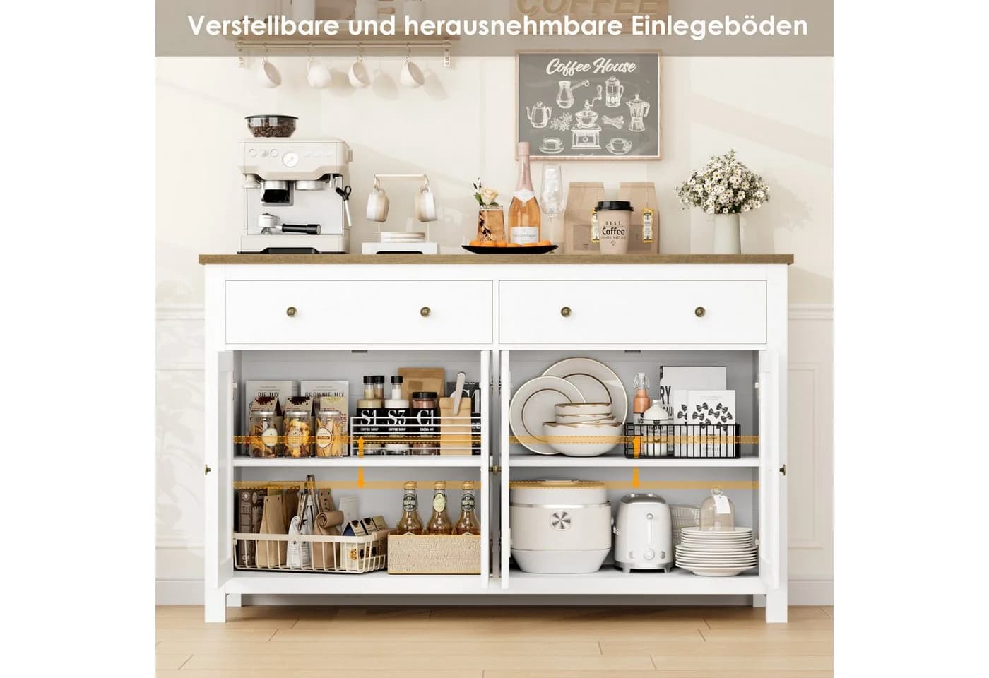 Homfa Sideboard 140cm Küchenschrank 2 Schubladen 4 Türen Weiß - Bild 3