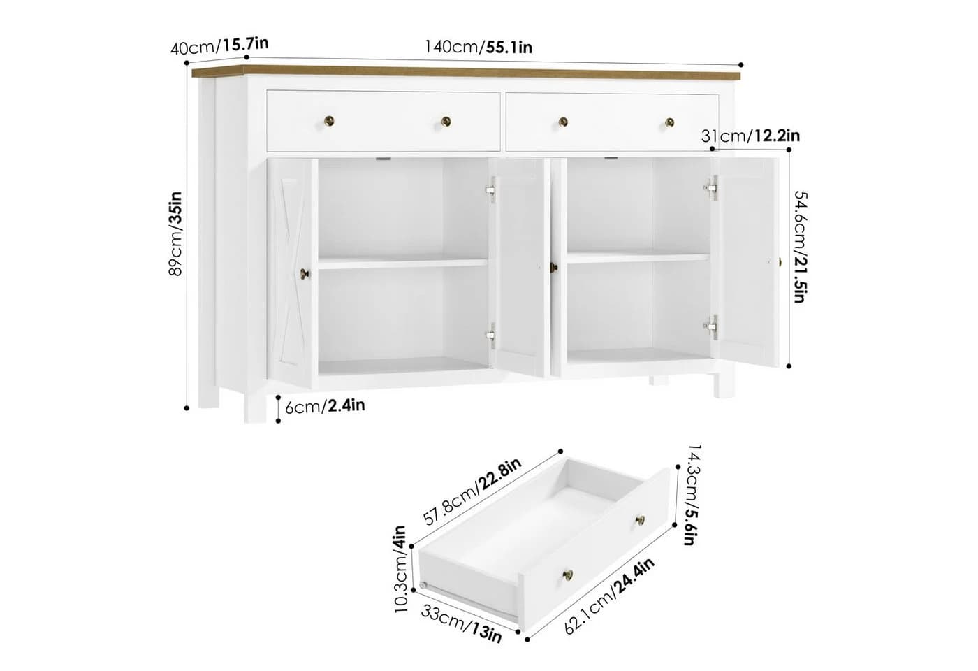 Homfa Sideboard 140cm Küchenschrank 2 Schubladen 4 Türen Weiß - Bild 4