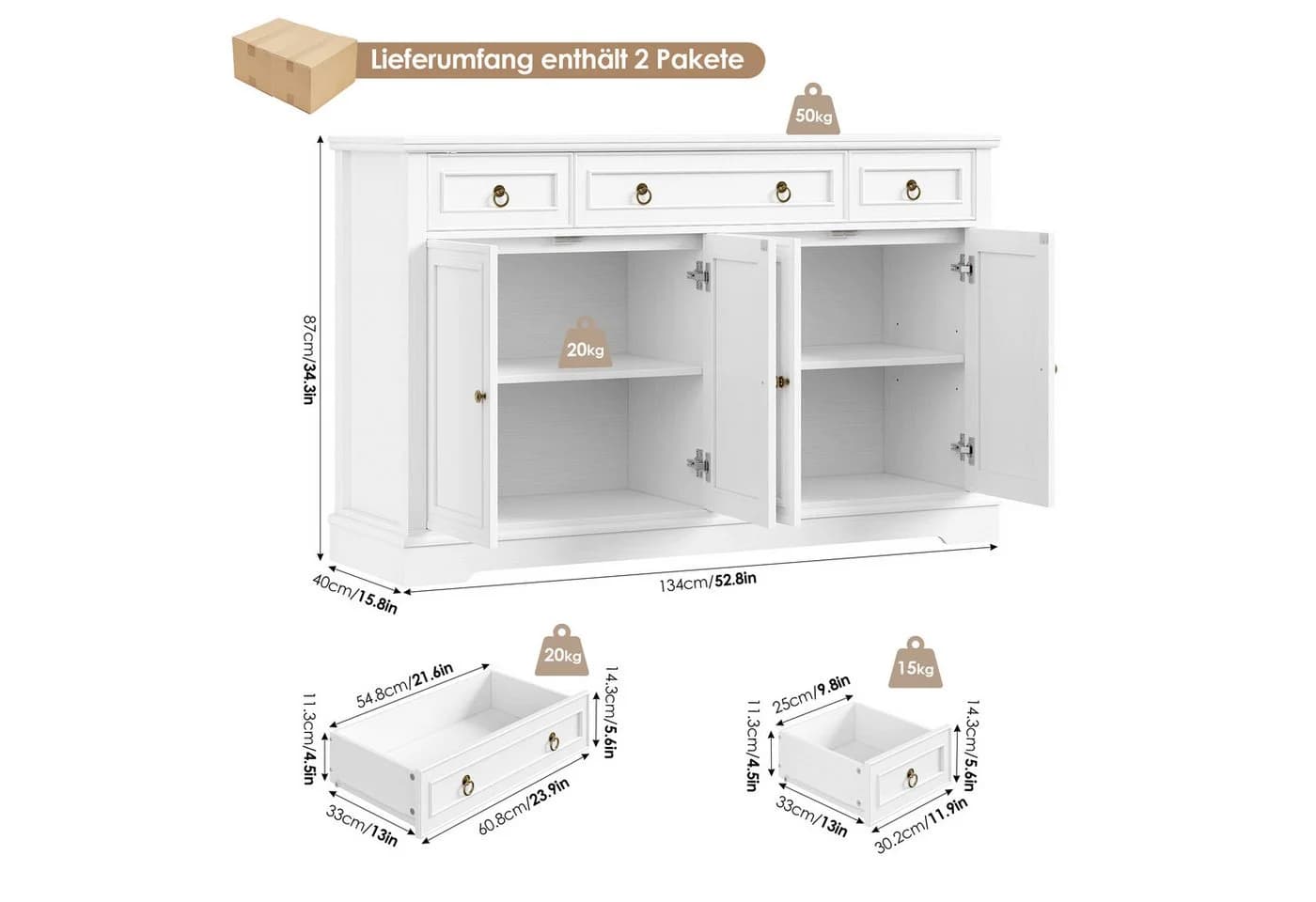 Homfa Sideboard mit 3 Schubladen 4 Türen TV-Schrank weiß - Bild 4