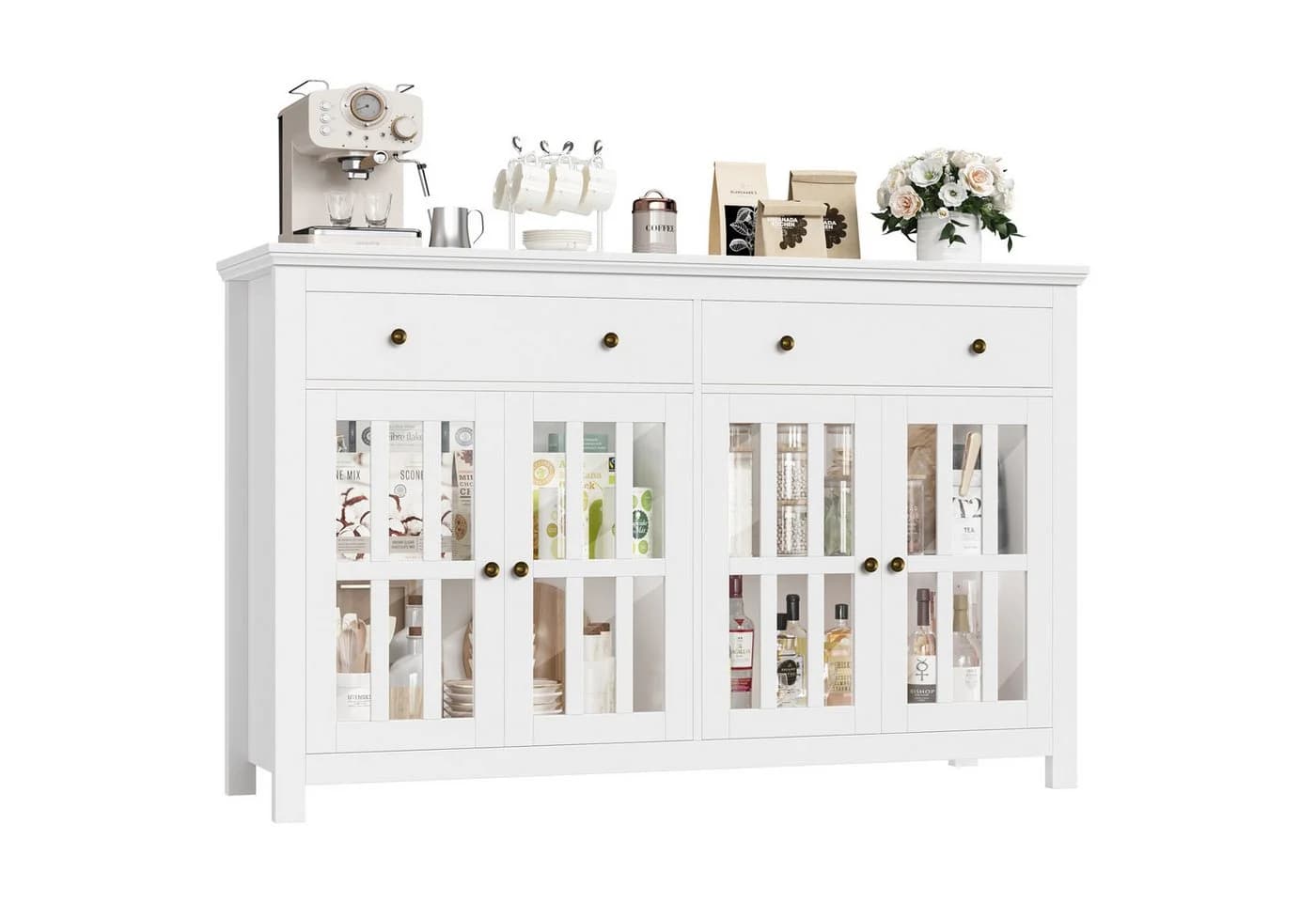Homfa Sideboard Küchenschrank Buffetschrank 2 Schubladen 4 Glastüren 140x40x91cm Weiß - Bild 2