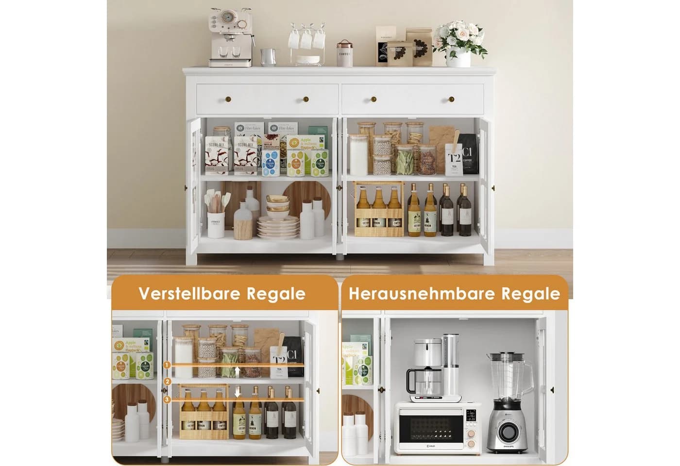 Homfa Sideboard Küchenschrank Buffetschrank 2 Schubladen 4 Glastüren 140x40x91cm Weiß - Bild 3