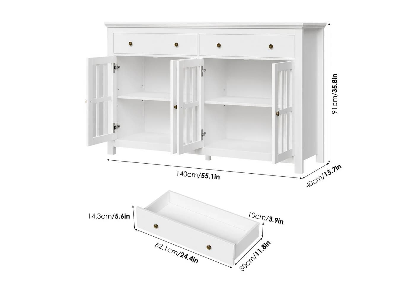 Homfa Sideboard Küchenschrank Buffetschrank 2 Schubladen 4 Glastüren 140x40x91cm Weiß - Bild 4
