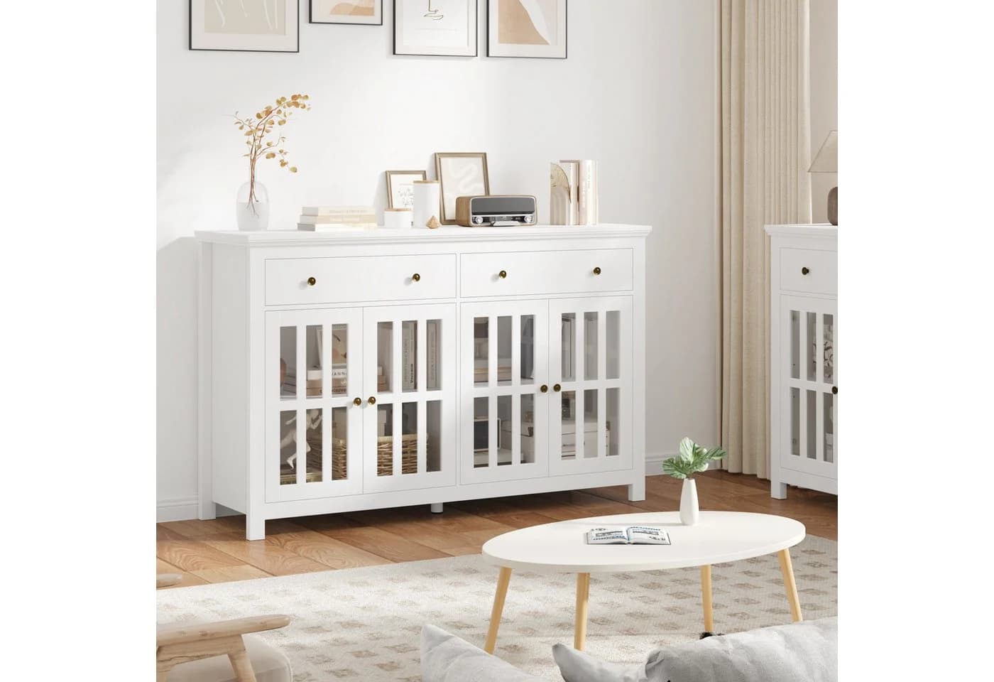 Homfa Sideboard Küchenschrank Buffetschrank 2 Schubladen 4 Glastüren 140x40x91cm Weiß - Bild 5