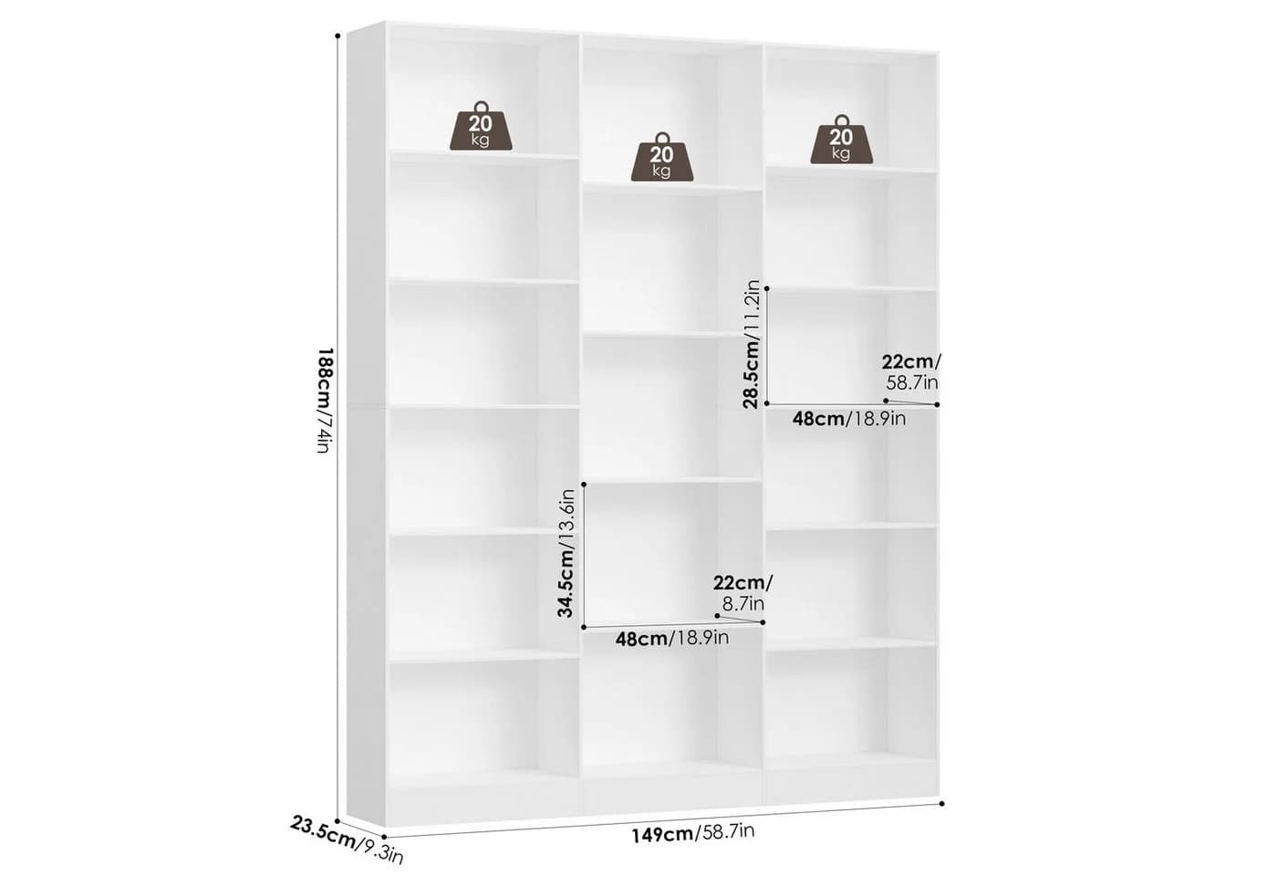 Homfa Bücherregal 188cm Standregal Büroregal Bücherschrank, 17 Fächer, Weiß - Bild 4