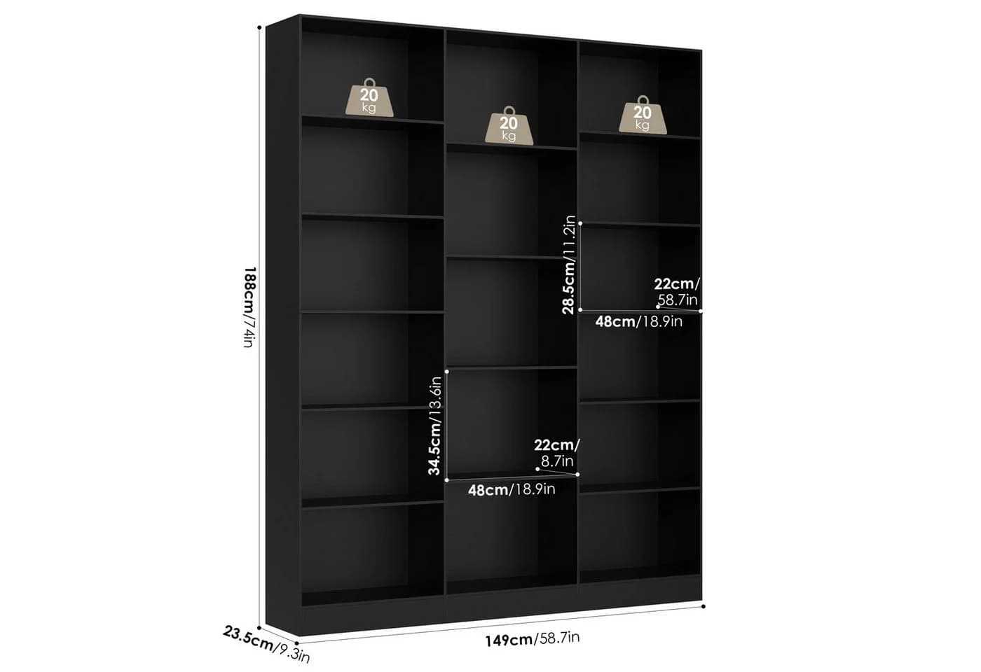 Homfa Bücherregal 188cm Standregal Büroregal Bücherschrank, 17 Fächer, 149x23,5x188cm - Bild 4