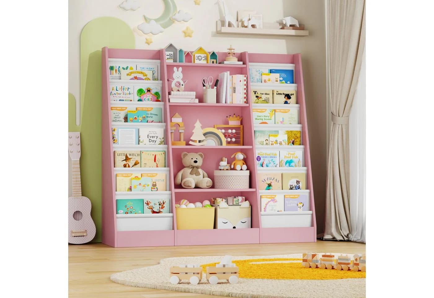 Homfa Bücherregal Kinderregal 14 Ablagen Weiß/Grau-Grün 129x120x35 cm