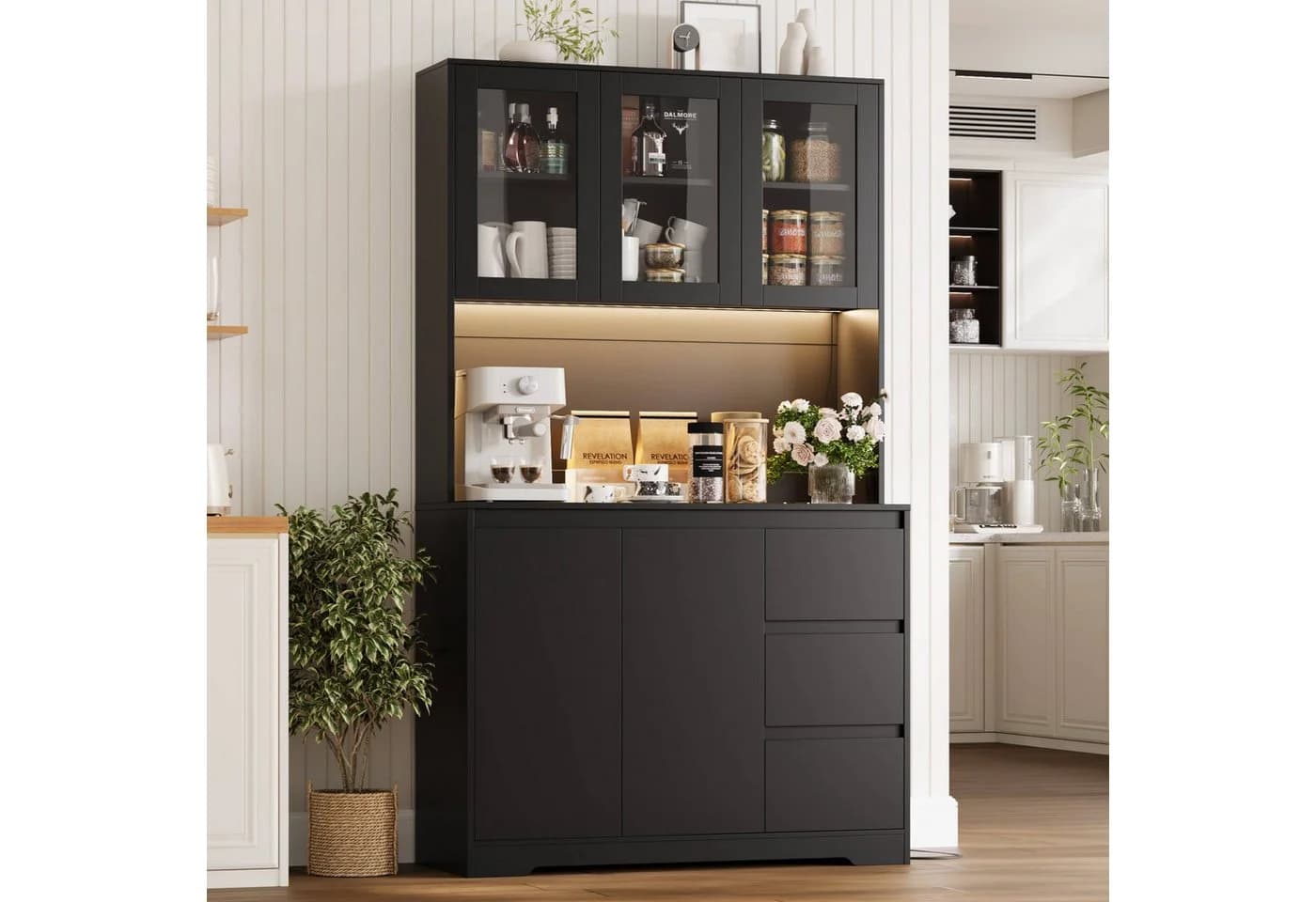 Homfa Küchenbuffet mit LED Küchenschrank Buffetschrank Sideboard schwarz mit Steckdosenleiste & Arbeitsplatte 180x100x38,5cm