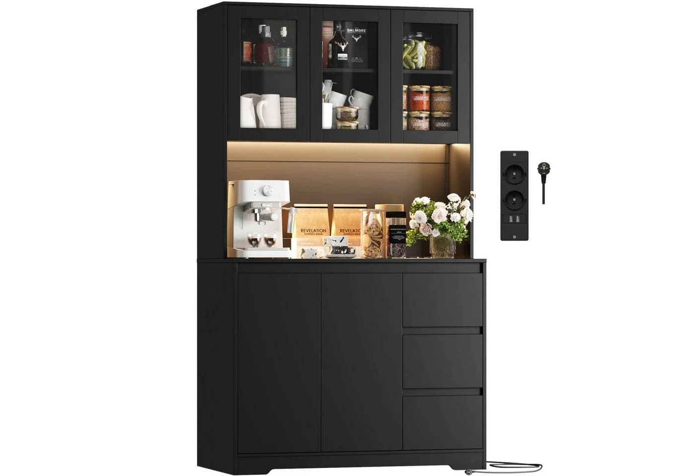Homfa Küchenbuffet mit LED Küchenschrank Buffetschrank Sideboard schwarz mit Steckdosenleiste & Arbeitsplatte 180x100x38,5cm - Bild 2