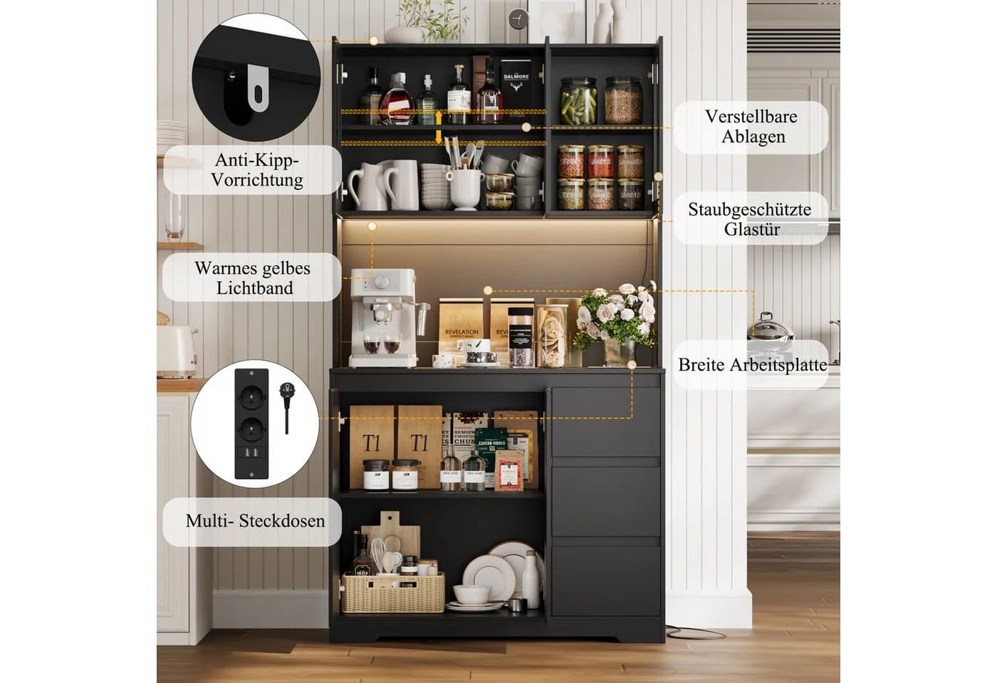 Homfa Küchenbuffet mit LED Küchenschrank Buffetschrank Sideboard schwarz mit Steckdosenleiste & Arbeitsplatte 180x100x38,5cm - Bild 4