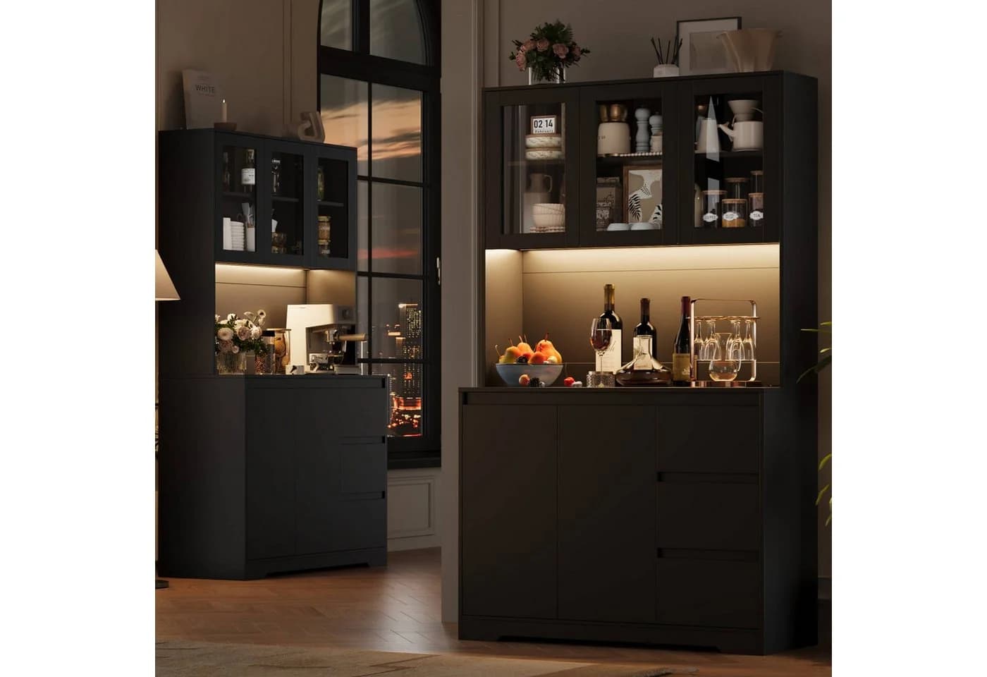 Homfa Küchenbuffet mit LED Küchenschrank Buffetschrank Sideboard schwarz mit Steckdosenleiste & Arbeitsplatte 180x100x38,5cm - Bild 5