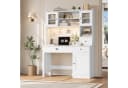 Homfa Schreibtisch mit LED, 2 Steckdosen und 2 USB, Schminktisch Computertisch Bürotisch weiß Bild 1
