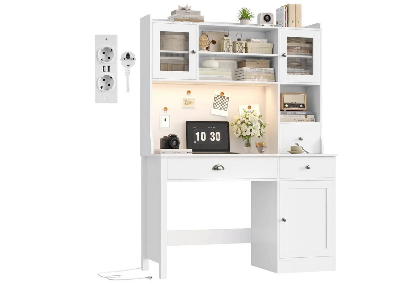 Homfa Schreibtisch mit LED, 2 Steckdosen und 2 USB, Schminktisch Computertisch Bürotisch weiß - Bild 2