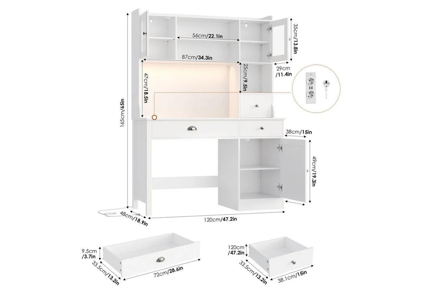 Homfa Schreibtisch mit LED, 2 Steckdosen und 2 USB, Schminktisch Computertisch Bürotisch weiß - Bild 3