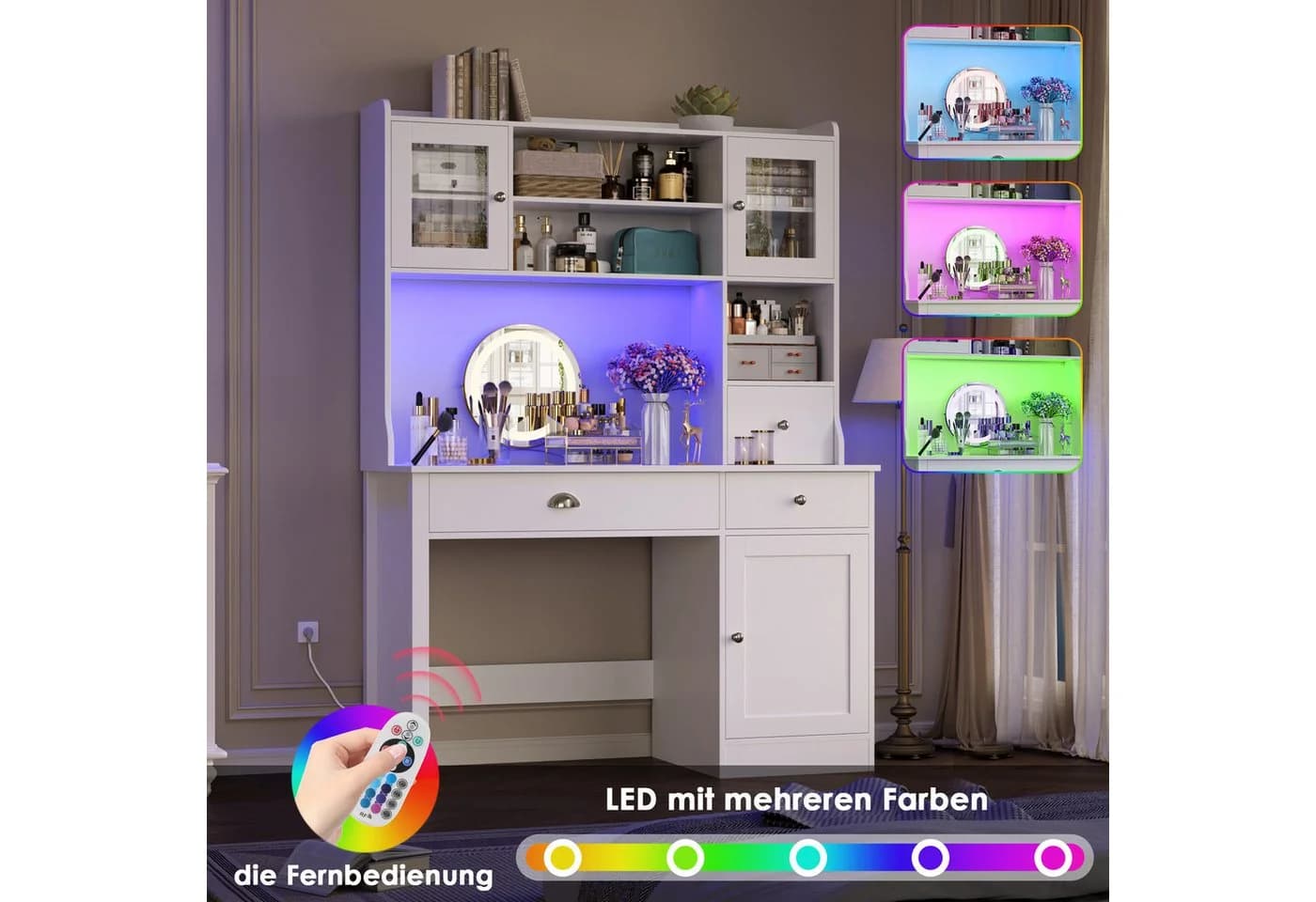 Homfa Schreibtisch mit LED, 2 Steckdosen und 2 USB, Schminktisch Computertisch Bürotisch weiß - Bild 4