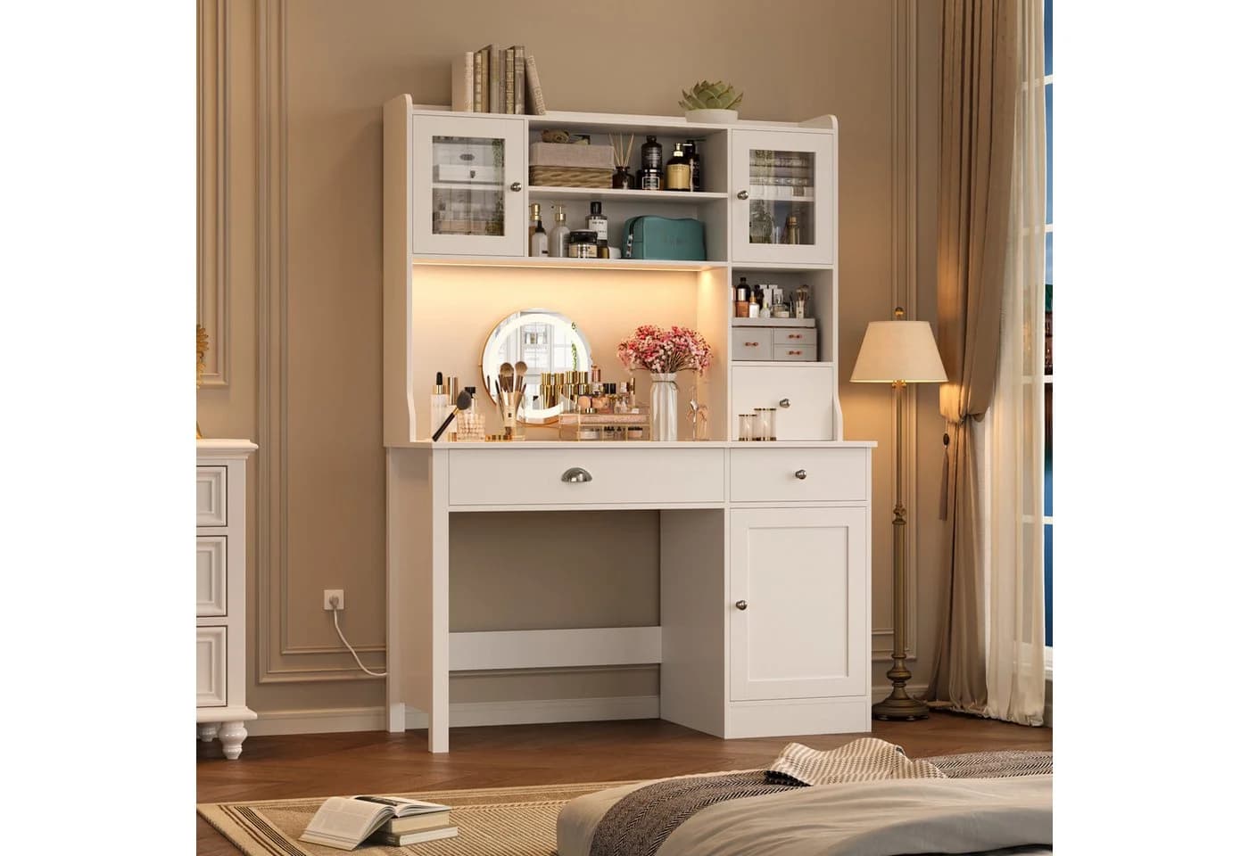 Homfa Schreibtisch mit LED, 2 Steckdosen und 2 USB, Schminktisch Computertisch Bürotisch weiß - Bild 5