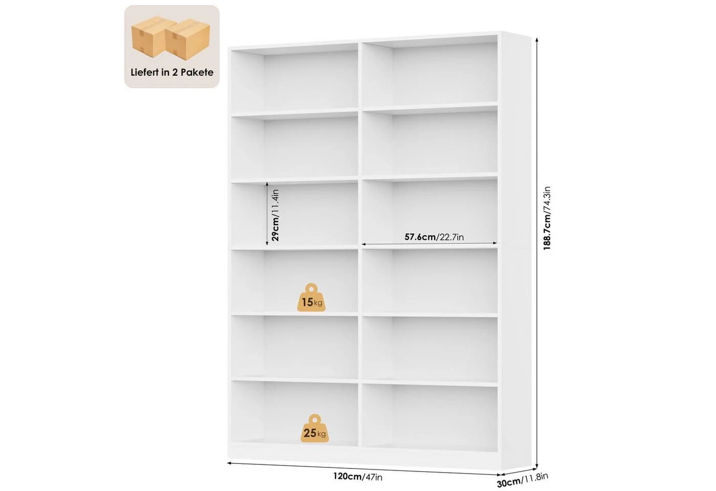 Homfa Bücherregal 188,7cm Standregal Büroregal Raumteiler, 12 Fächer, Holz, 120x30x188,7cm - Bild 3