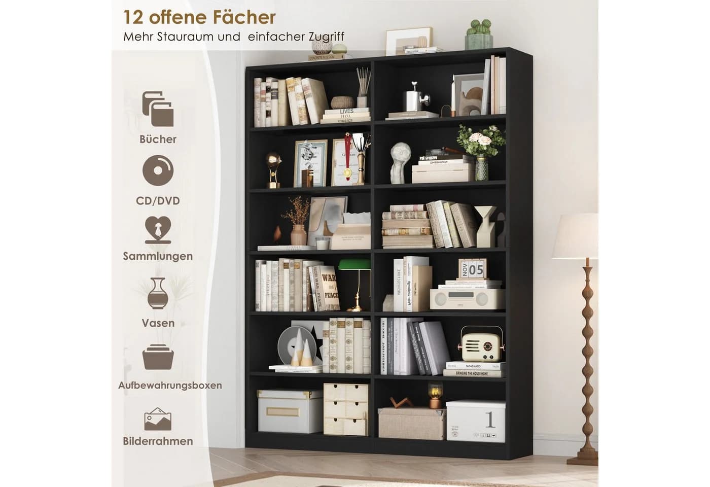 Homfa Bücherregal 12-Fach Raumteiler Holz Schwarz - Bild 5