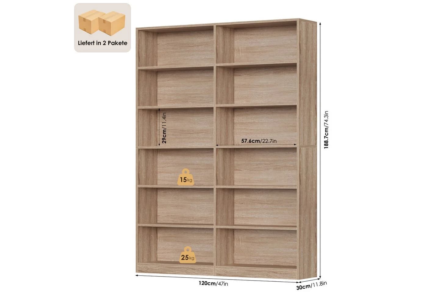 Homfa Bücherregal 188,7cm Standregal Büroregal Raumteiler, 12 Fächer Holz 120x30x188,7cm - Bild 3