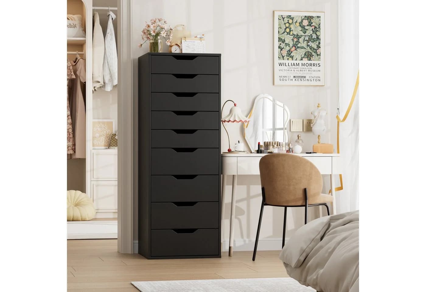 Homfa Kommode 9 Schubladen Schmal Schwarz 45x40x124 cm
