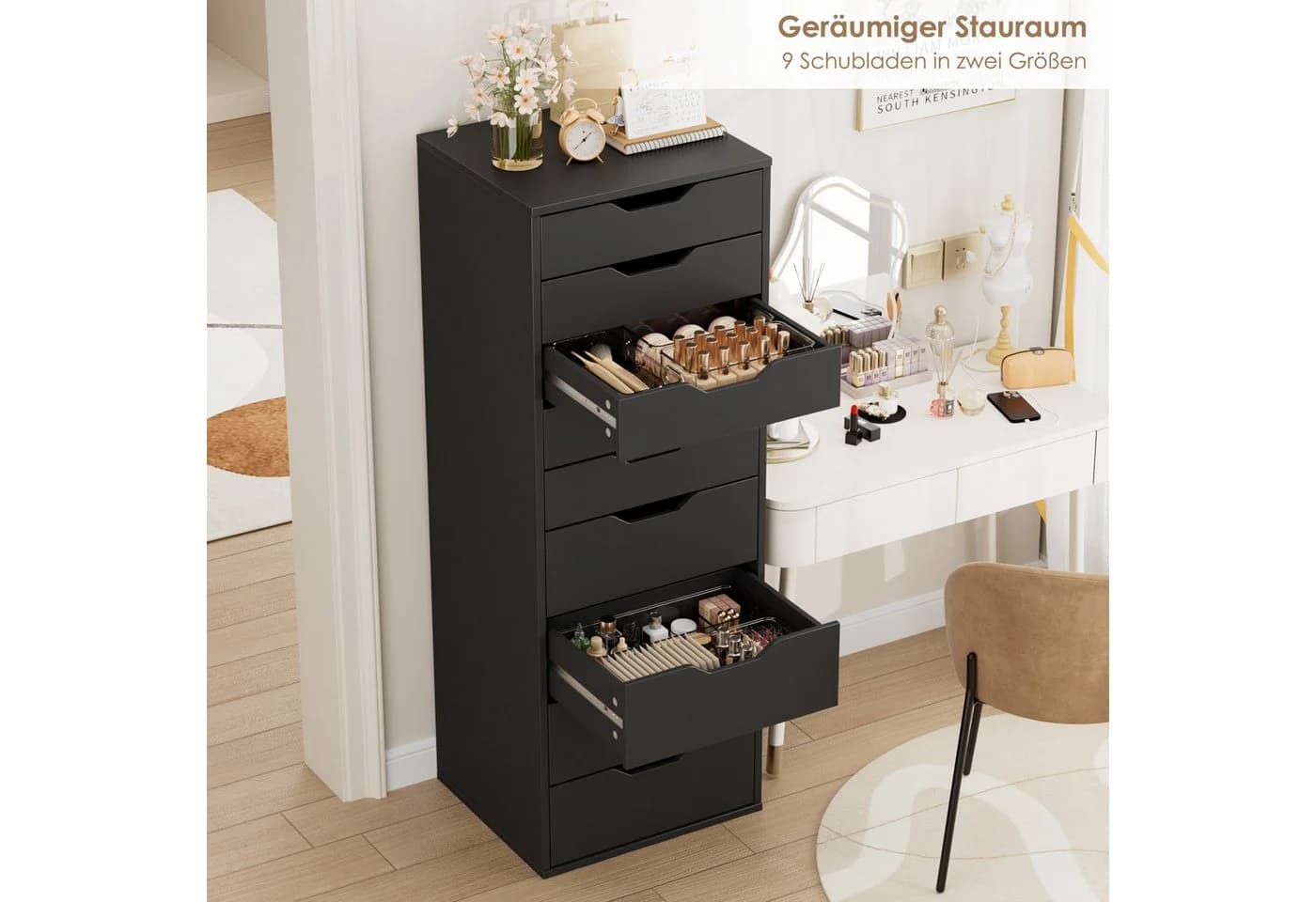 Homfa Kommode 9 Schubladen Schmal Schwarz 45x40x124 cm - Bild 4