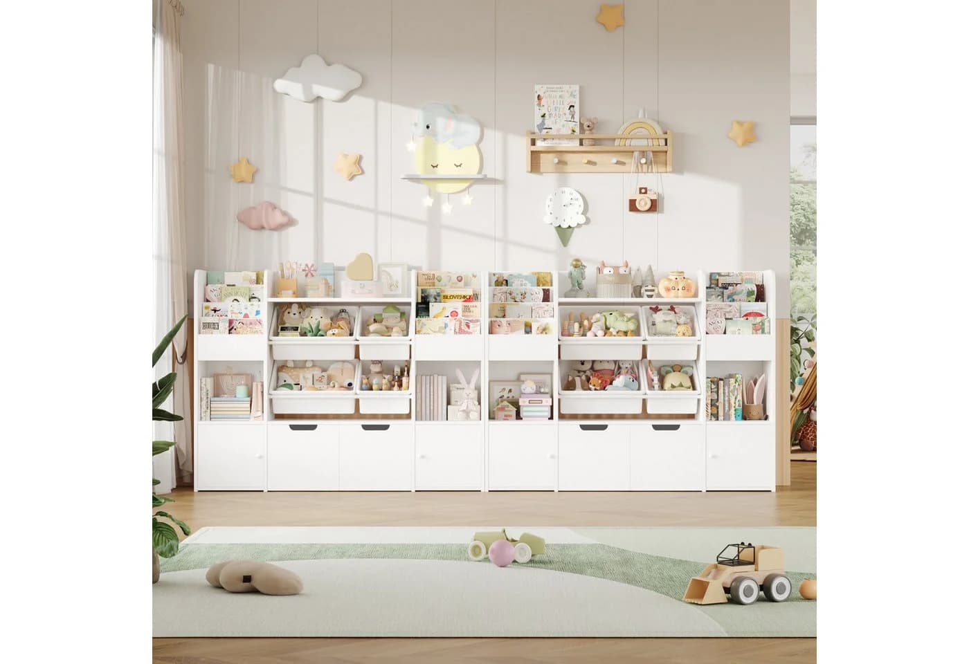 Homfa Kinderregal mit 2 Schubladen auf Rollen & 4 Boxen Bücherregal 122x100x30 cm weiß
