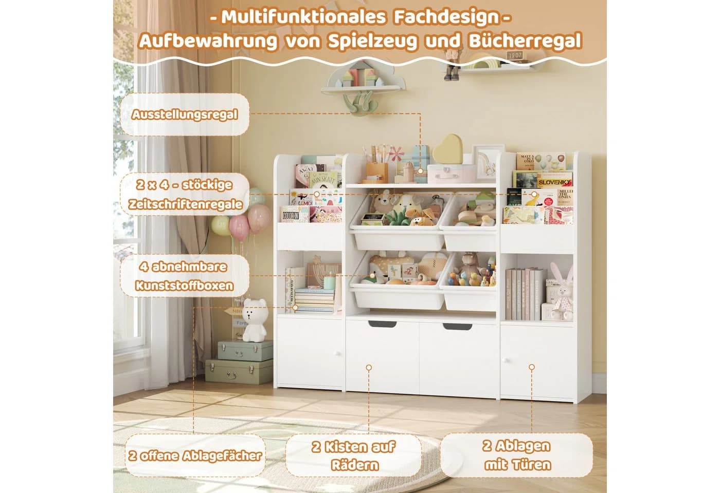 Homfa Kinderregal mit 2 Schubladen auf Rollen & 4 Boxen Bücherregal 122x100x30 cm weiß - Bild 4