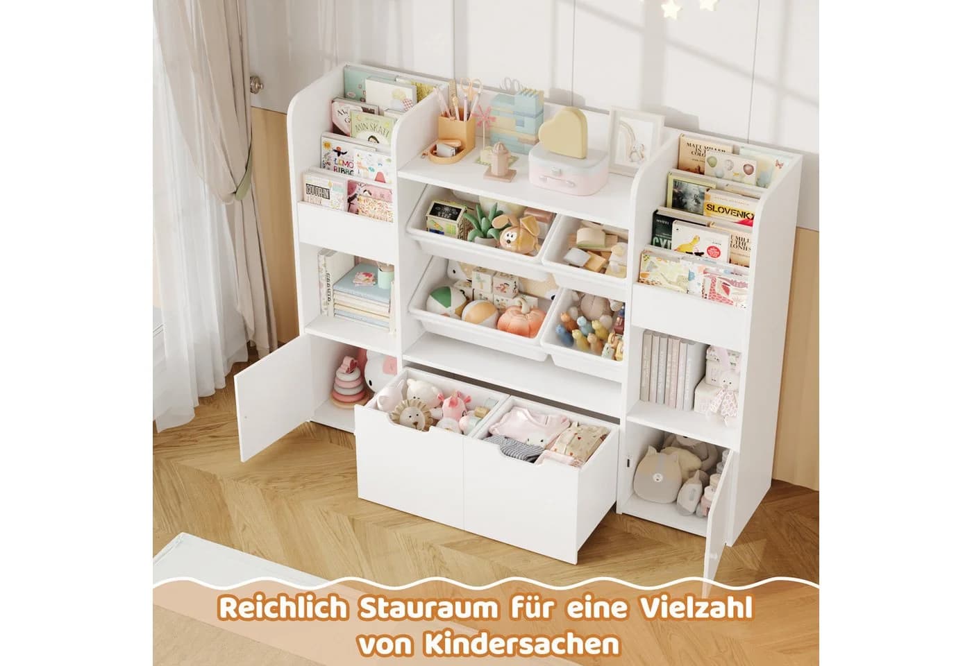 Homfa Kinderregal mit 2 Schubladen auf Rollen & 4 Boxen Bücherregal 122x100x30 cm weiß - Bild 5