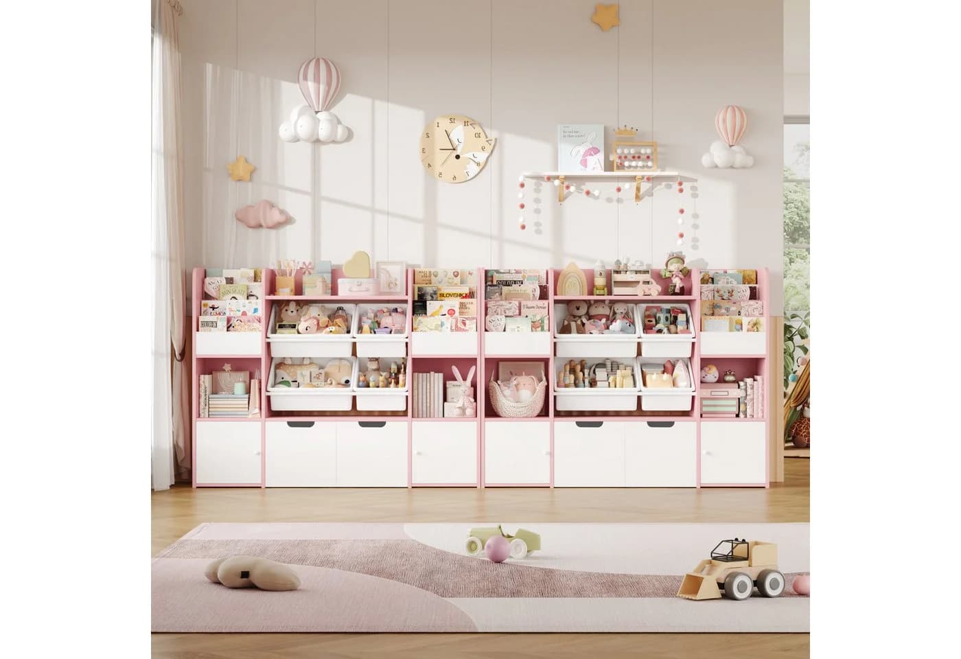 Homfa Spielzeugtruhe Kinderregal 2 Schubladen auf Rollen 4 Boxen Bücherregal Kinderbücherregal Spiegelregal mit Tür 122x100x30 cm Weiß und Rosa