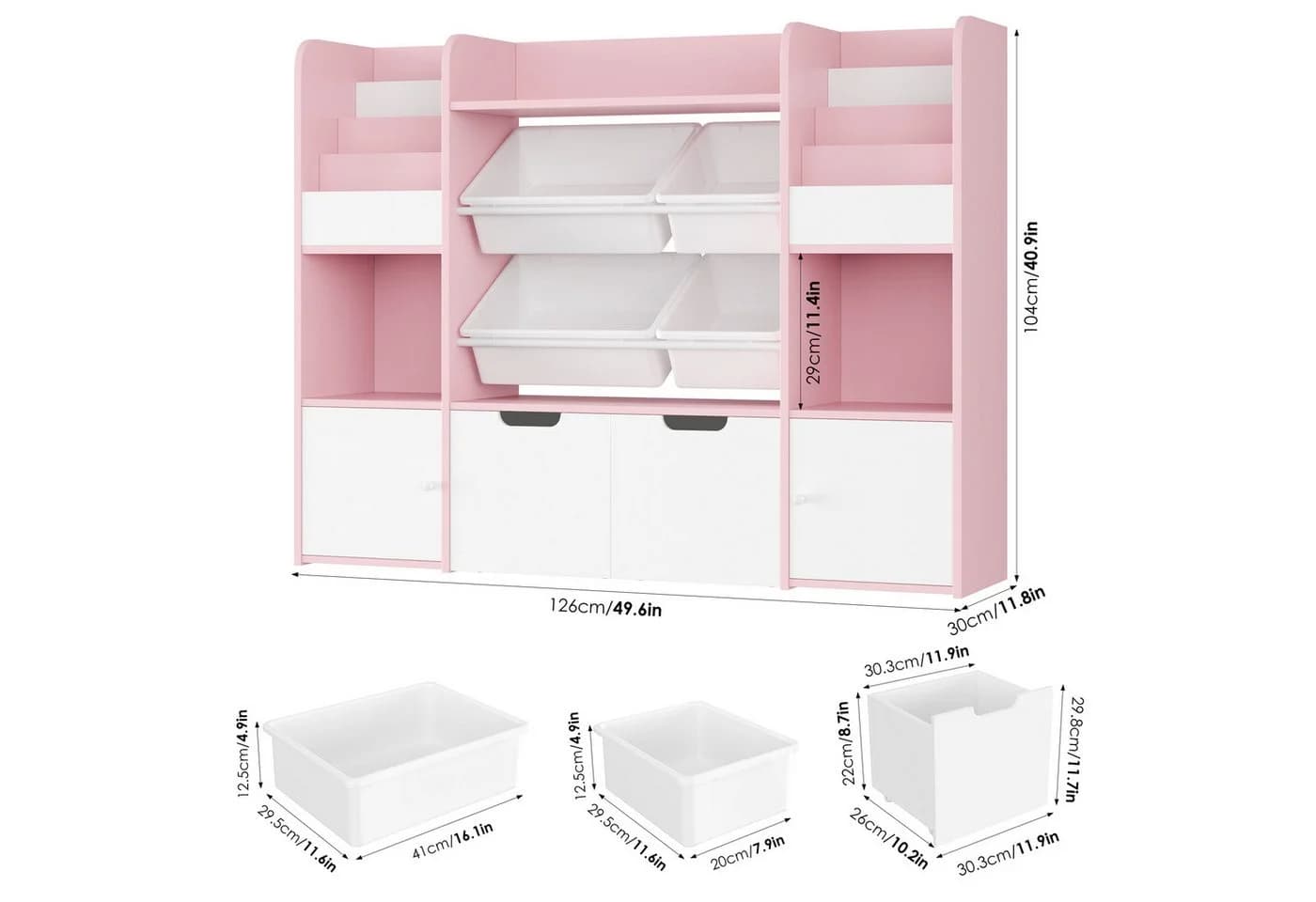 Homfa Spielzeugtruhe Kinderregal 2 Schubladen auf Rollen 4 Boxen Bücherregal Kinderbücherregal Spiegelregal mit Tür 122x100x30 cm Weiß und Rosa - Bild 3