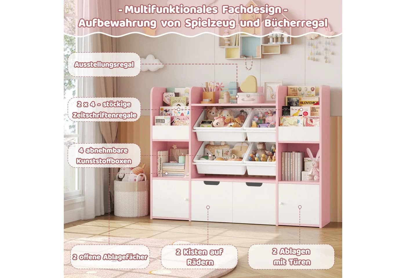 Homfa Spielzeugtruhe Kinderregal 2 Schubladen auf Rollen 4 Boxen Bücherregal Kinderbücherregal Spiegelregal mit Tür 122x100x30 cm Weiß und Rosa - Bild 4