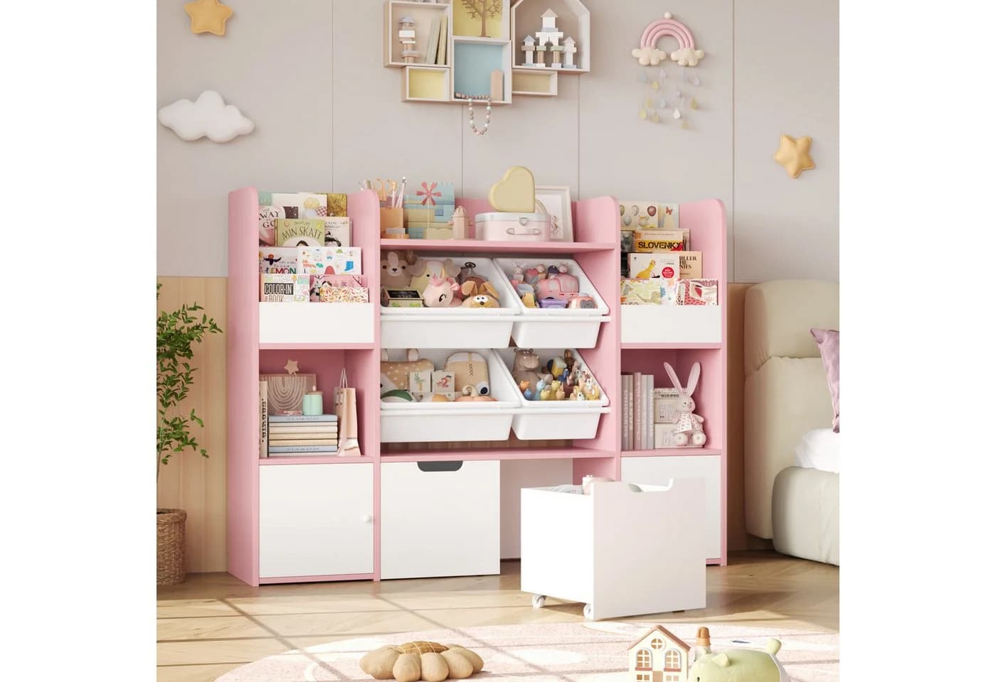 Homfa Spielzeugtruhe Kinderregal 2 Schubladen auf Rollen 4 Boxen Bücherregal Kinderbücherregal Spiegelregal mit Tür 122x100x30 cm Weiß und Rosa - Bild 5