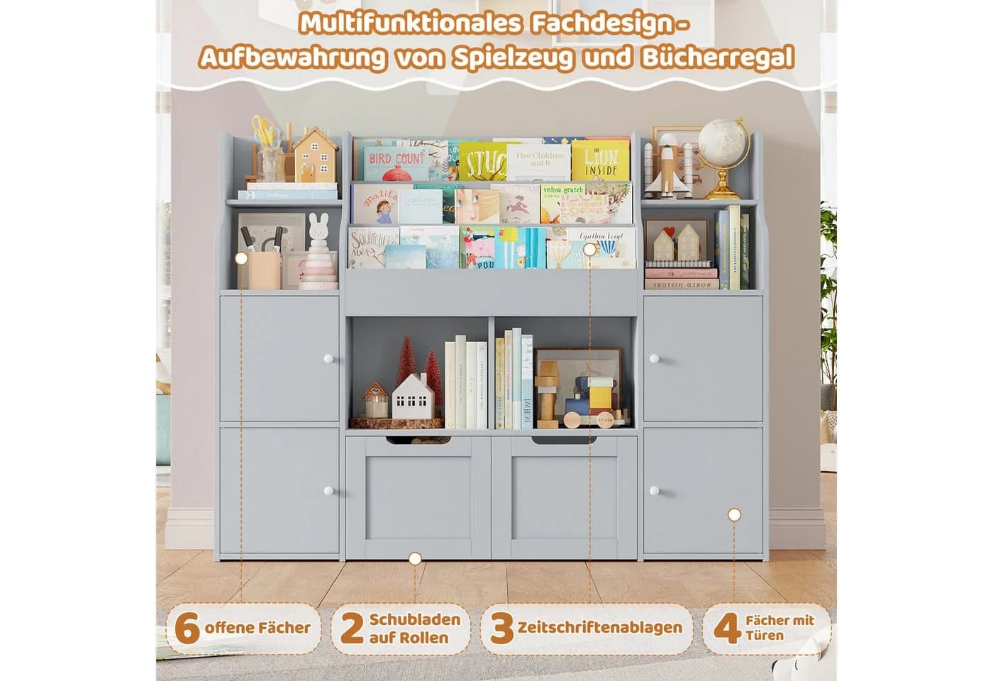 Homfa Kinderregal mit Schubladen und Türen Weiß/Grau - Bild 4