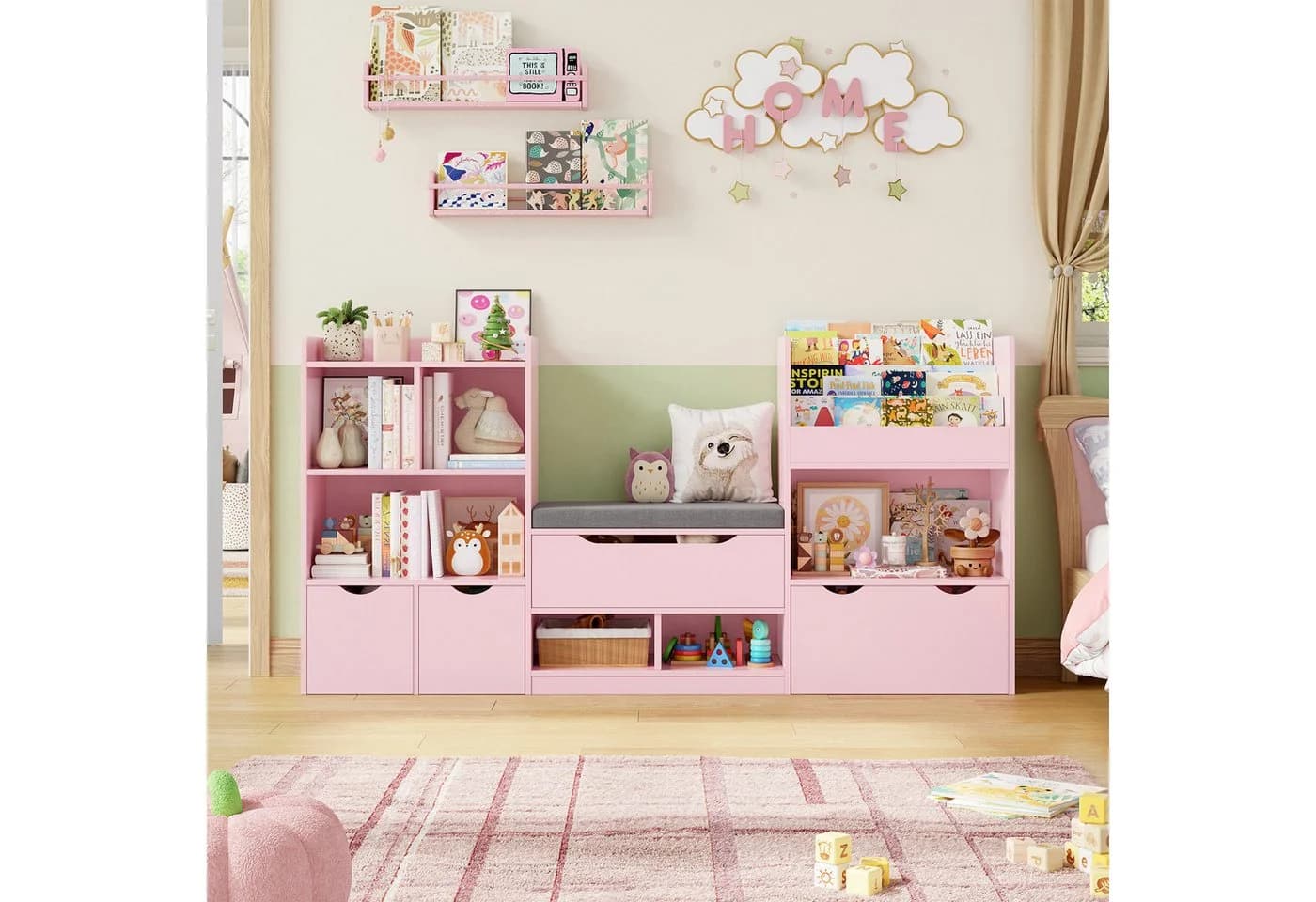 Homfa Sitzbank Kinderregal mit Schubladen und Rädern Weiß/Rosa