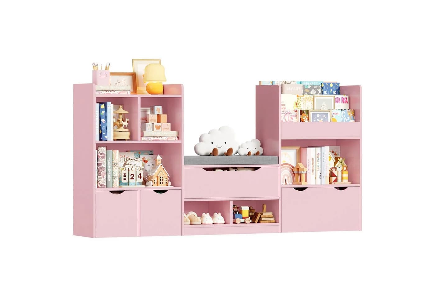 Homfa Sitzbank Kinderregal mit Schubladen und Rädern Weiß/Rosa - Bild 2
