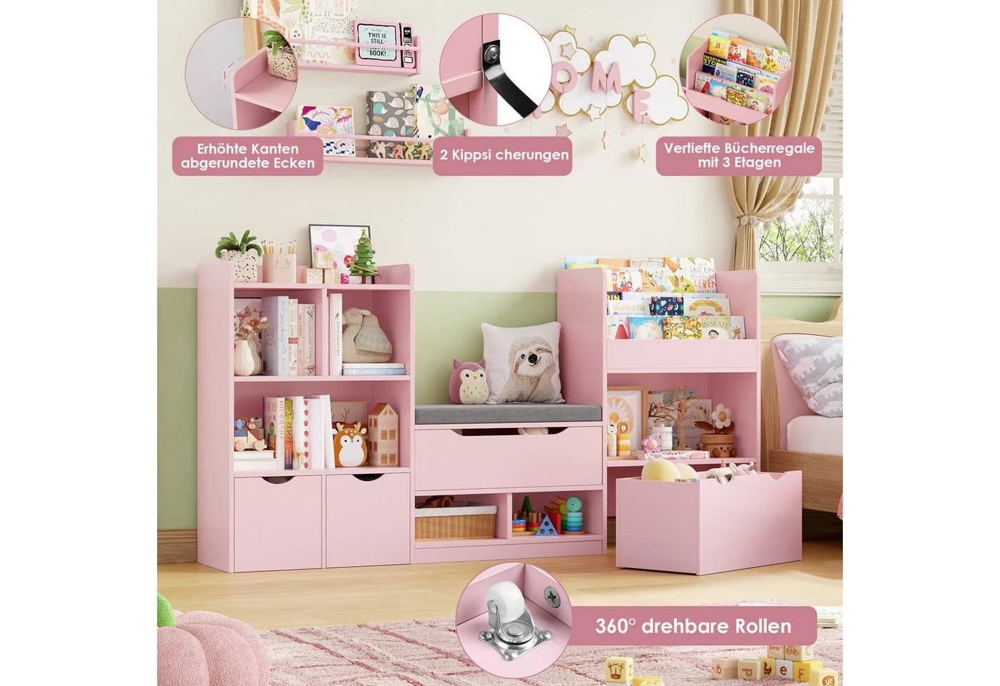 Homfa Sitzbank Kinderregal mit Schubladen und Rädern Weiß/Rosa - Bild 4